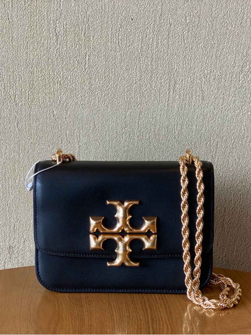 Tory Burch Black Leather Crossbody with Gold Logo and Chain Strap